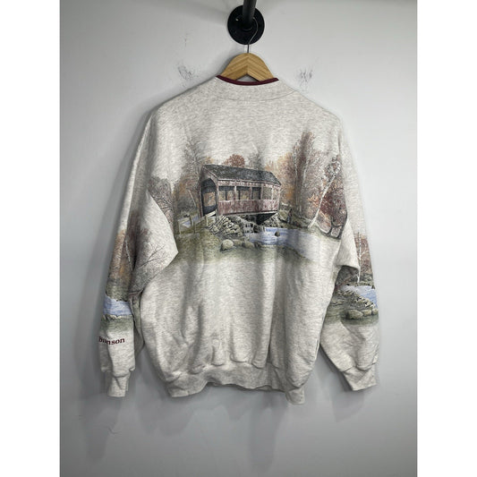 Adult VTG Art Unlimited Sweatshirt Fishing In The River Nature Grey 90s Sz XL