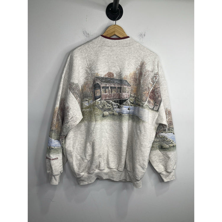 Adult VTG Art Unlimited Sweatshirt Fishing In The River Nature Grey 90s Sz XL
