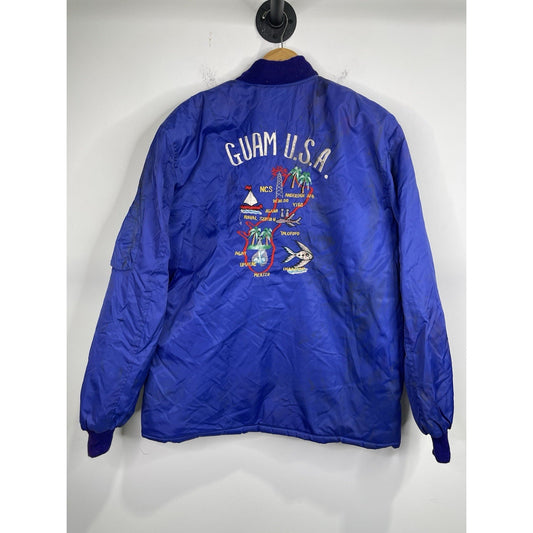 Men’s Blue VTG Guam Island Map Souvenir Embroidered Full Zip Jacket Sz L