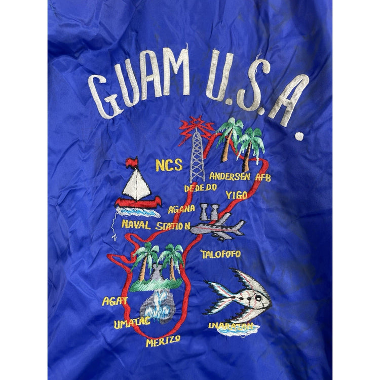 Men’s Blue VTG Guam Island Map Souvenir Embroidered Full Zip Jacket Sz L