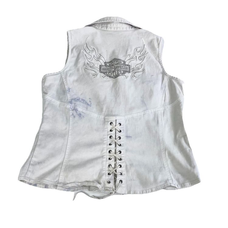 Womens Harley Davidson Full Zip Denim White Vest Top Size L