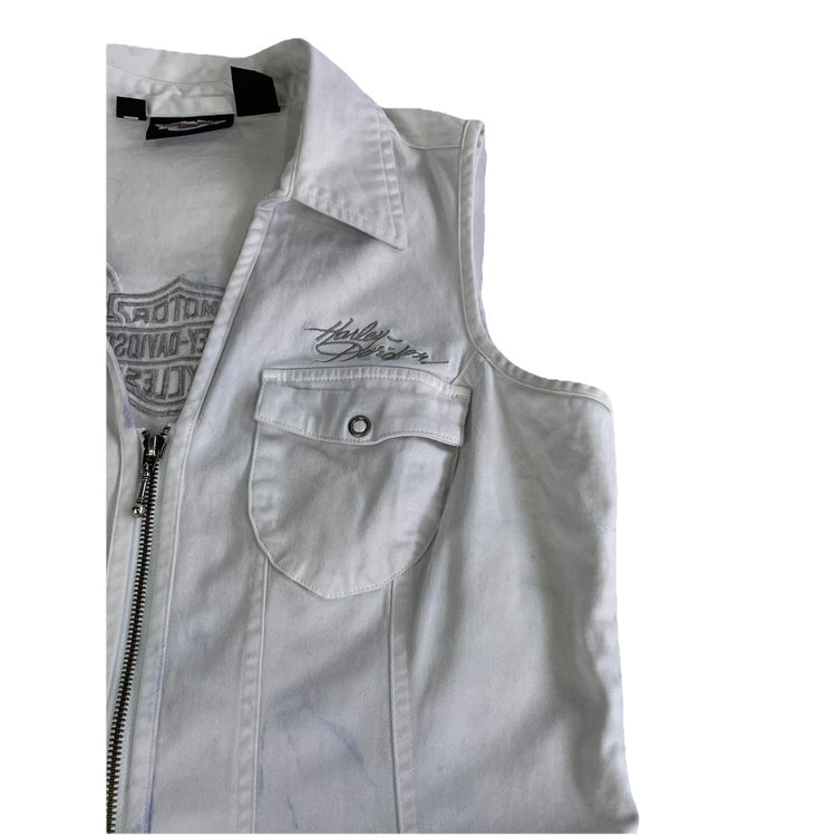 Womens Harley Davidson Full Zip Denim White Vest Top Size L