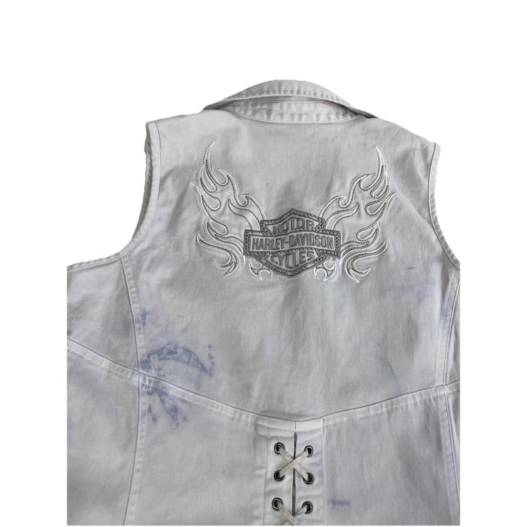 Womens Harley Davidson Full Zip Denim White Vest Top Size L