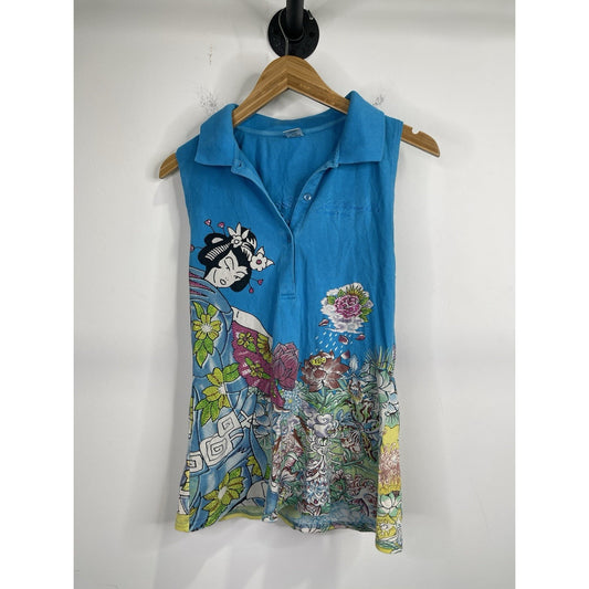 Women’s Blue Ed Hardy Christian Audigier Tank Top Floral Graphic Sz L