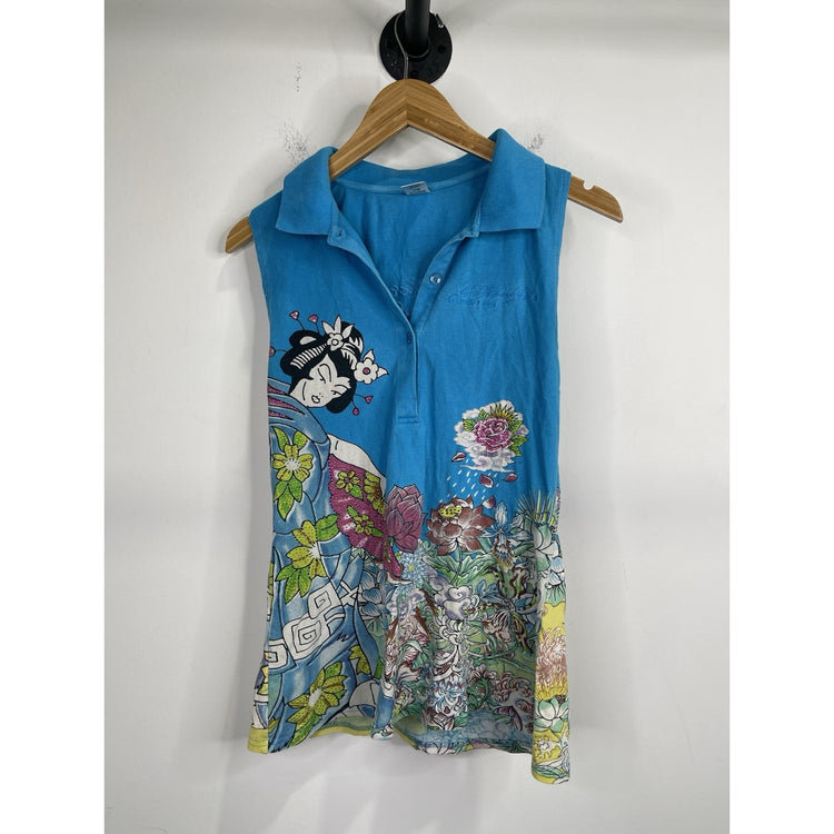 Women’s Blue Ed Hardy Christian Audigier Tank Top Floral Graphic Sz L