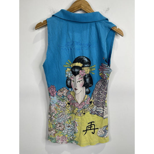 Women’s Blue Ed Hardy Christian Audigier Tank Top Floral Graphic Sz L