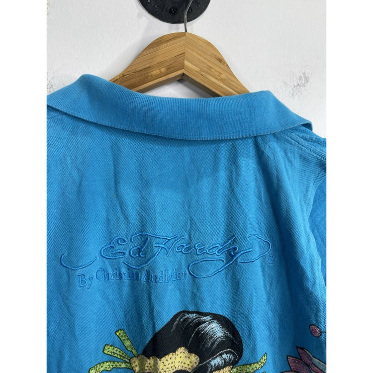 Women’s Blue Ed Hardy Christian Audigier Tank Top Floral Graphic Sz L