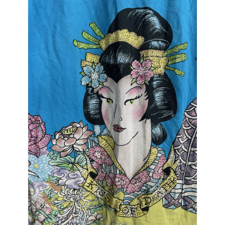 Women’s Blue Ed Hardy Christian Audigier Tank Top Floral Graphic Sz L