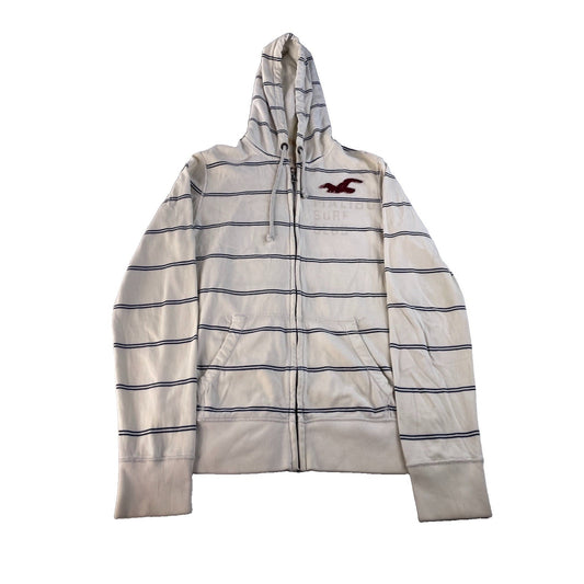 Men’s Hollister White W Blue Stripes Full-ZIp Hooded Jacket Size L
