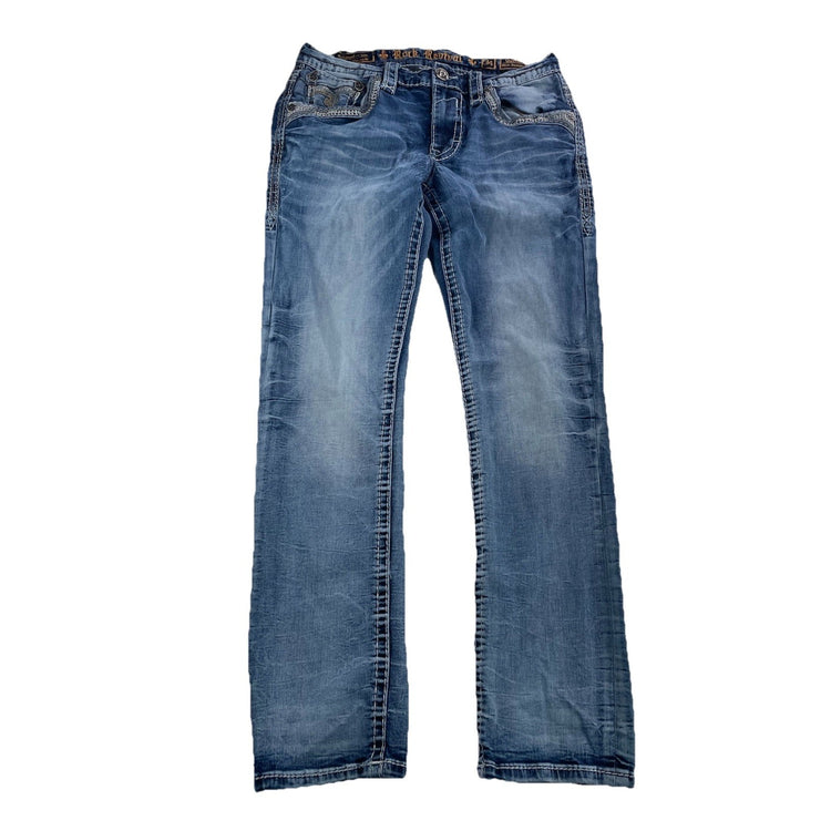 Mens Rock Revival Garrrie Slim Straight Blue Jeans Size 34
