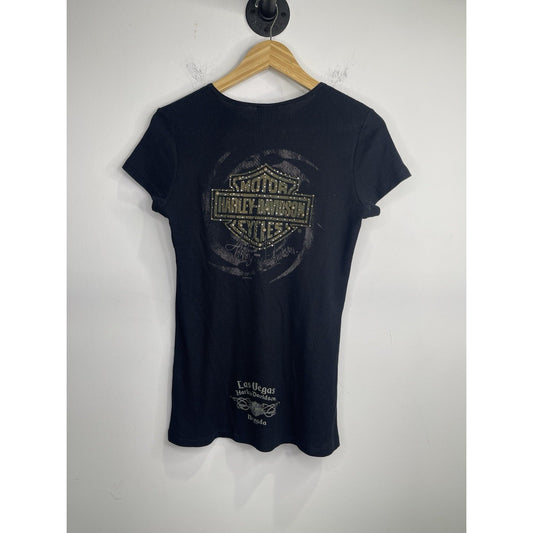 Women’s 2009 Ribbed Harley Davidson Black Studded T Shirt Sz L