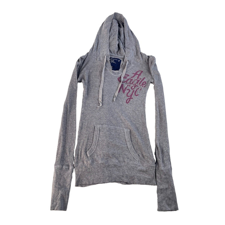 Womens American Eagle Outfitters Gray Waffle Knit Hoodie Top Size XS