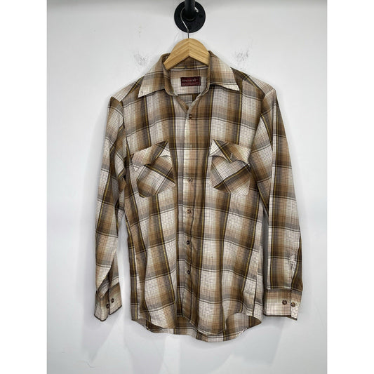 Kingsport Shirt Mens Small Brown Plaid Flannel Button Up Long Sleeve 70s Vintage