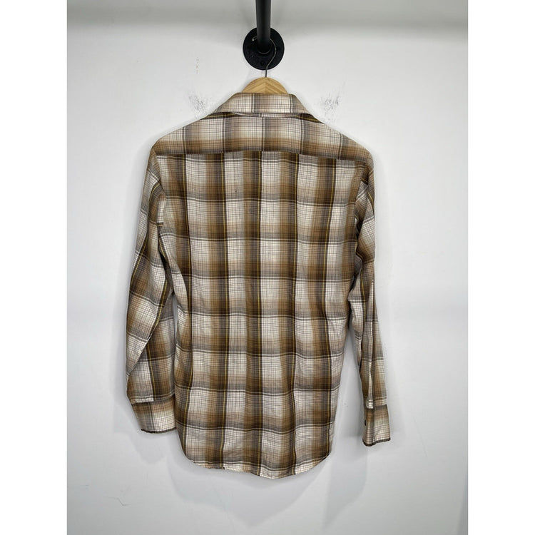Kingsport Shirt Mens Small Brown Plaid Flannel Button Up Long Sleeve 70s Vintage