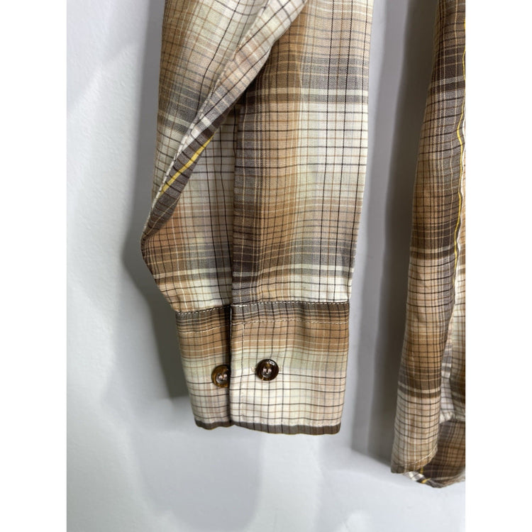 Kingsport Shirt Mens Small Brown Plaid Flannel Button Up Long Sleeve 70s Vintage