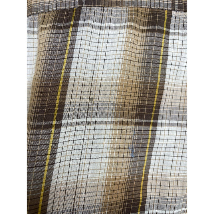 Kingsport Shirt Mens Small Brown Plaid Flannel Button Up Long Sleeve 70s Vintage