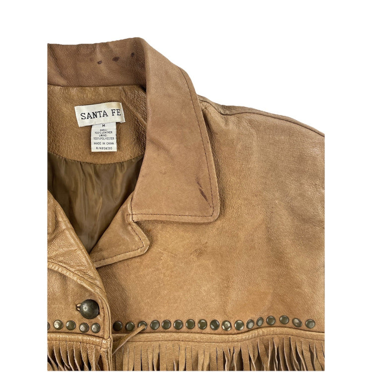 Men’s Vintage Santa Fe Brown Leather Fringe Studded Jacket Size M