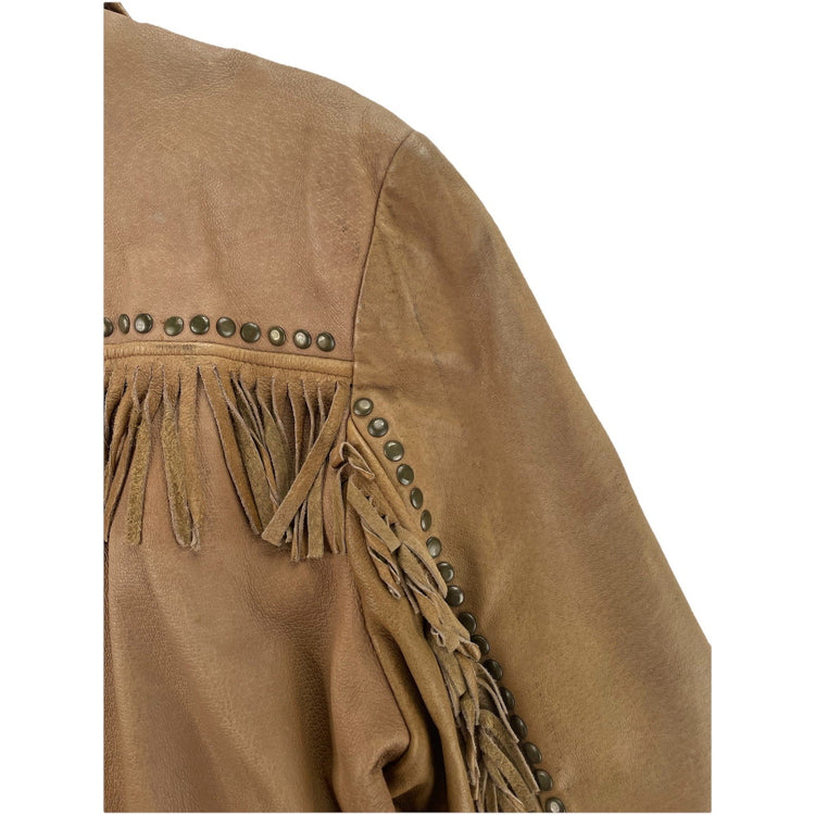 Men’s Vintage Santa Fe Brown Leather Fringe Studded Jacket Size M