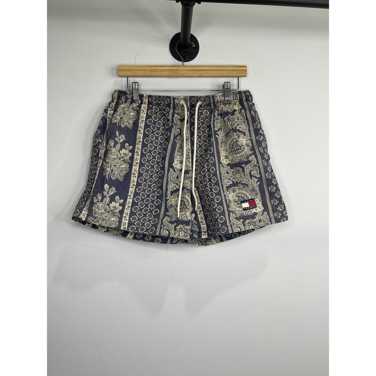 Men’s VTG Tommy Hilfiger Swim Shorts Blue Paisley Trunks Flag Logo Sz M