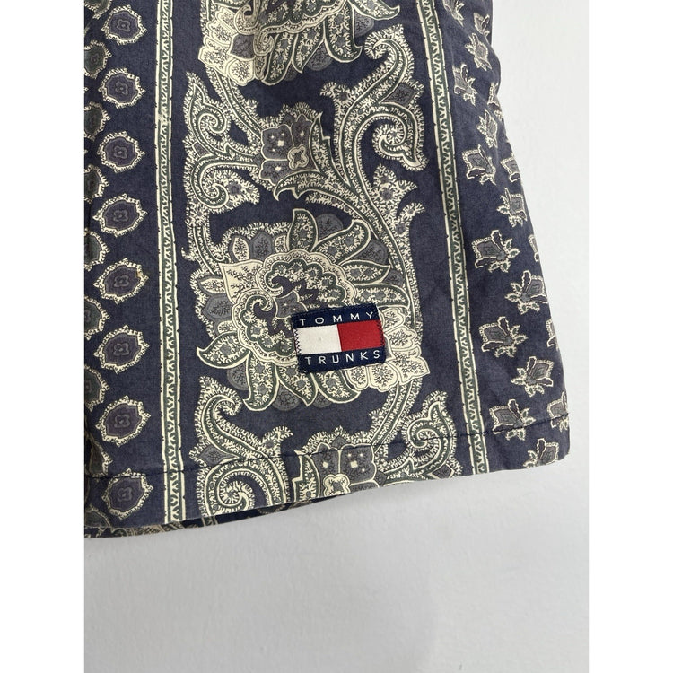 Men’s VTG Tommy Hilfiger Swim Shorts Blue Paisley Trunks Flag Logo Sz M