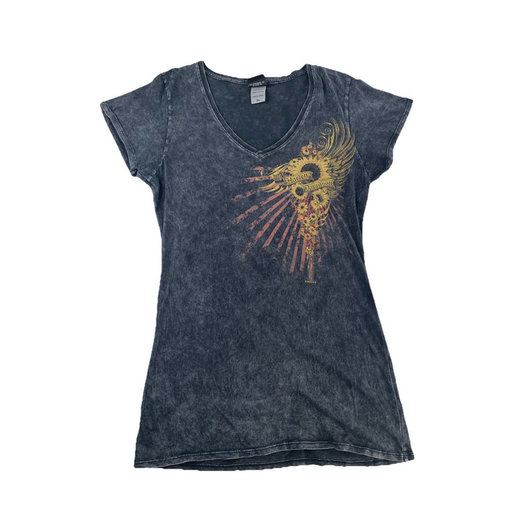 Womens Harley Davidson Grey Sunflower V Neck T Shirt Size XL