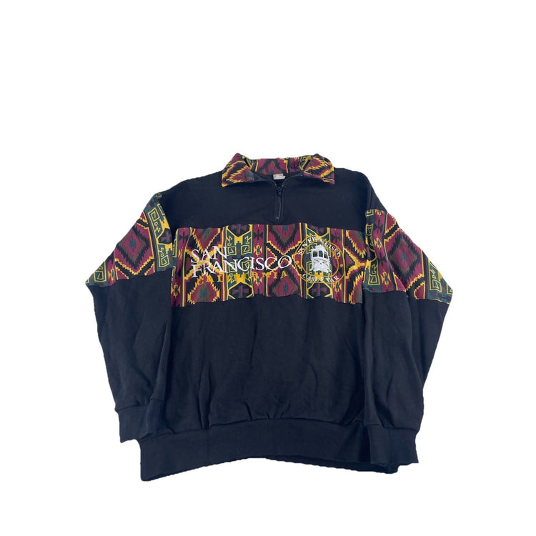 Mens San Francisco Black Cable Car Navajo Pattern Quarter Zip Sweater Size Large