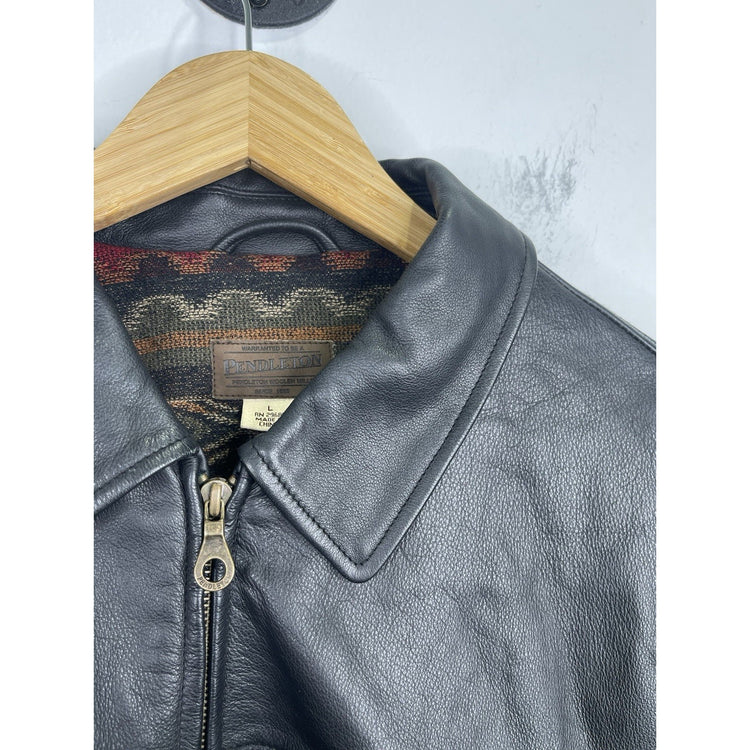 Men’s VTG Pendleton Western Wear Tribal Mount Boss Jacket Black Leather Sz Large