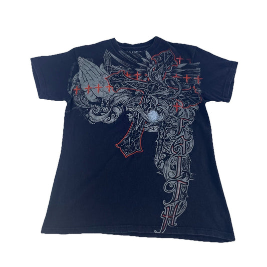 Mens Carbon Faith Graphic T-Shirt Praying Hands Cross Motif Size M
