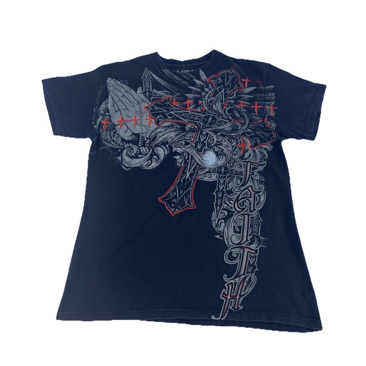 Mens Carbon Faith Graphic T-Shirt Praying Hands Cross Motif Size M