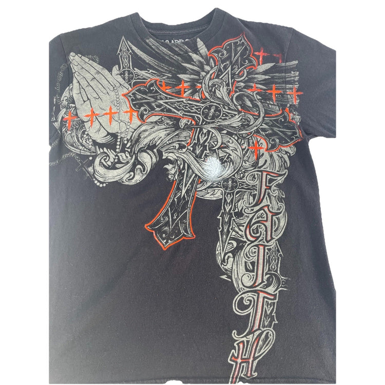 Mens Carbon Faith Graphic T-Shirt Praying Hands Cross Motif Size M