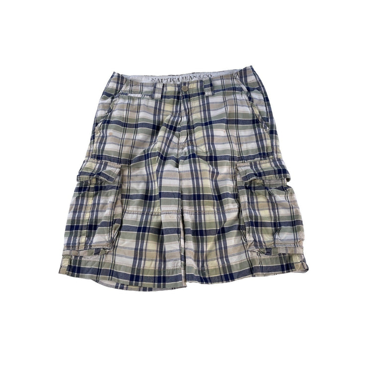 Mens Nautica Jeans Co Green Navy Plaid Multi Pocket Casual Cargo Shorts SIZE 32