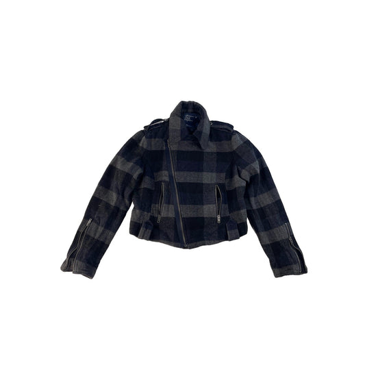 Womens American Eagle Black & Gray Plaid Wool Blend Moto Jacket Size Large