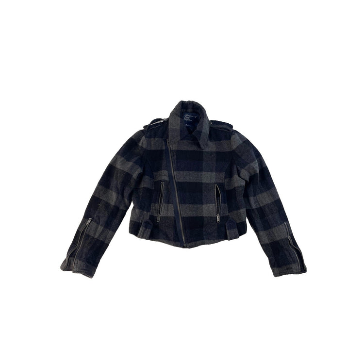 Womens American Eagle Black & Gray Plaid Wool Blend Moto Jacket Size Large