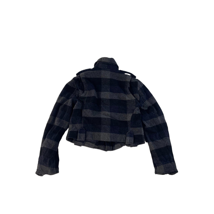 Womens American Eagle Black & Gray Plaid Wool Blend Moto Jacket Size Large