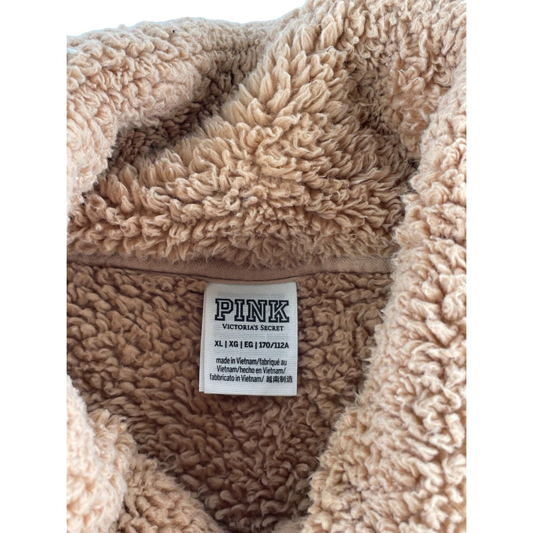 Womens Victoria Secret PINK Sherpa Fleece Pullover 1/2 Zip Sweatshirt Tan SizeXL