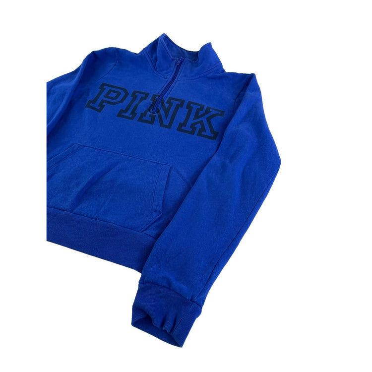 Womens PINK Victoria Secret 1/2 Zip Blue Sweatshirt Black Logo Size M