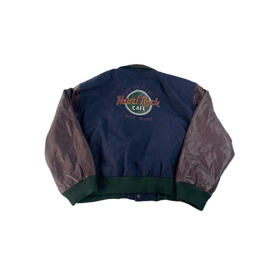 Mens Vintage Hard Rock Cafe Patched Leather Sleeve Varsity Jacket XL