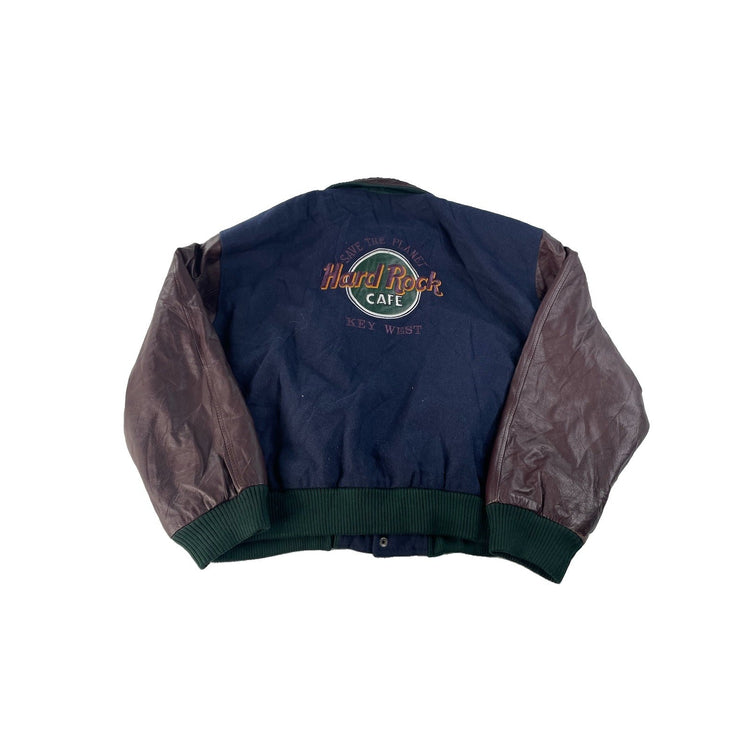 Mens Vintage Hard Rock Cafe Patched Leather Sleeve Varsity Jacket XL