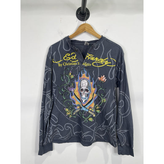 Ed Hardy by Christian Audigier Vintage Long Sleeve Y2K Skull Size Large Grey