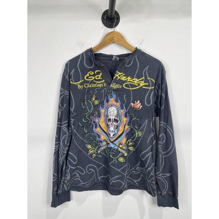 Ed Hardy by Christian Audigier Vintage Long Sleeve Y2K Skull Size Large Grey