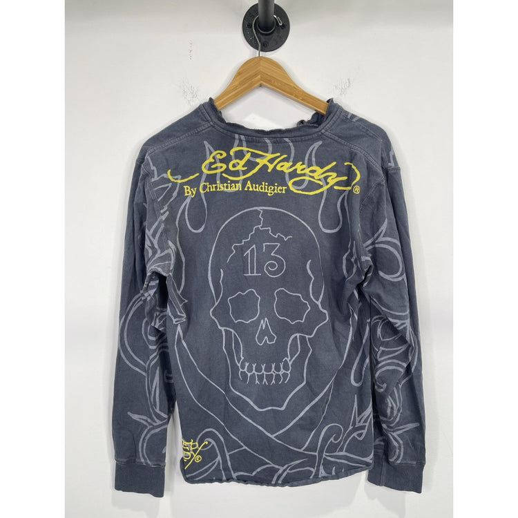 Ed Hardy by Christian Audigier Vintage Long Sleeve Y2K Skull Size Large Grey