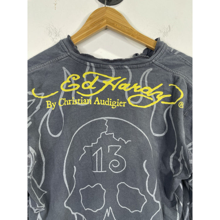 Ed Hardy by Christian Audigier Vintage Long Sleeve Y2K Skull Size Large Grey