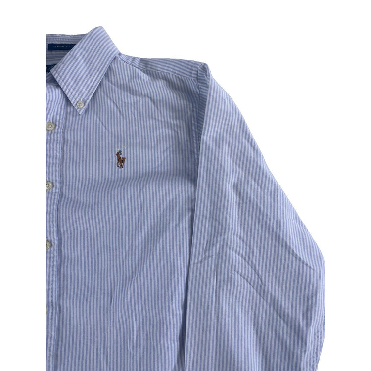 Mens Ralph Lauren Classic Fit White W/Blue Stripes Button Up Dress Shirt Size 10