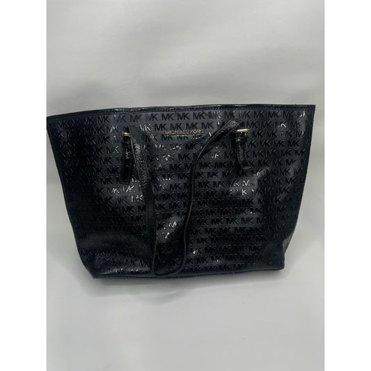 Michael Kors Jet Set MK Logo Black Patent Leather Tote Carryall Shoulder Bag