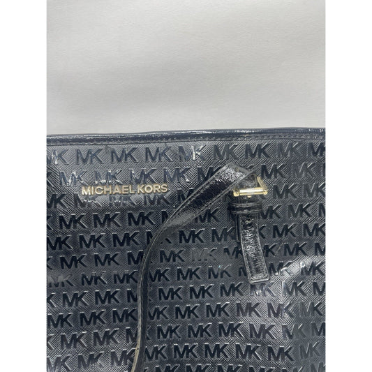 Michael Kors Jet Set MK Logo Black Patent Leather Tote Carryall Shoulder Bag