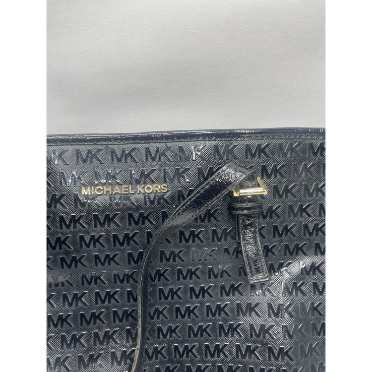 Michael Kors Jet Set MK Logo Black Patent Leather Tote Carryall Shoulder Bag