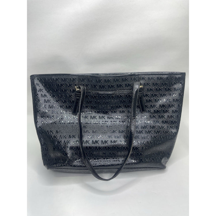 Michael Kors Jet Set MK Logo Black Patent Leather Tote Carryall Shoulder Bag