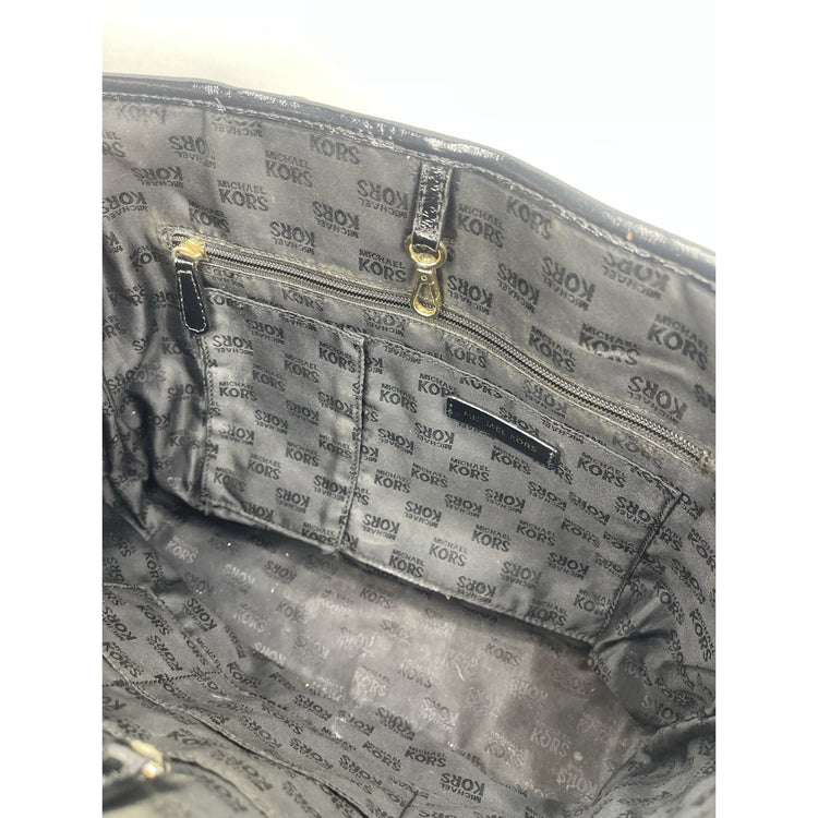 Michael Kors Jet Set MK Logo Black Patent Leather Tote Carryall Shoulder Bag