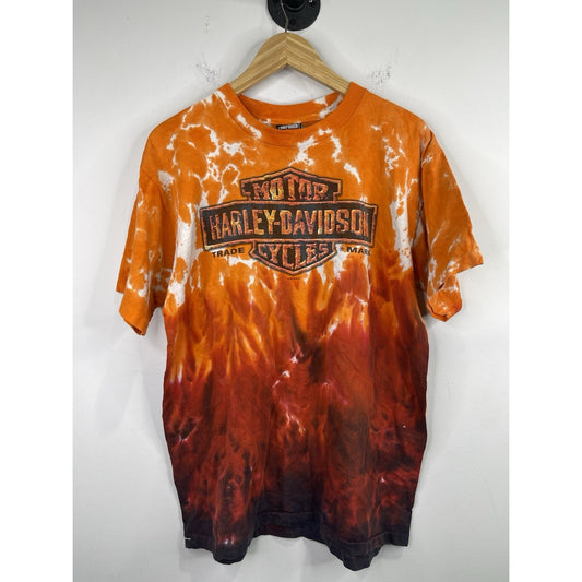 Men’s Harley Davidson Motor Cycles Orange Fire Smoke Flame Tie Dye Shirt Sz L