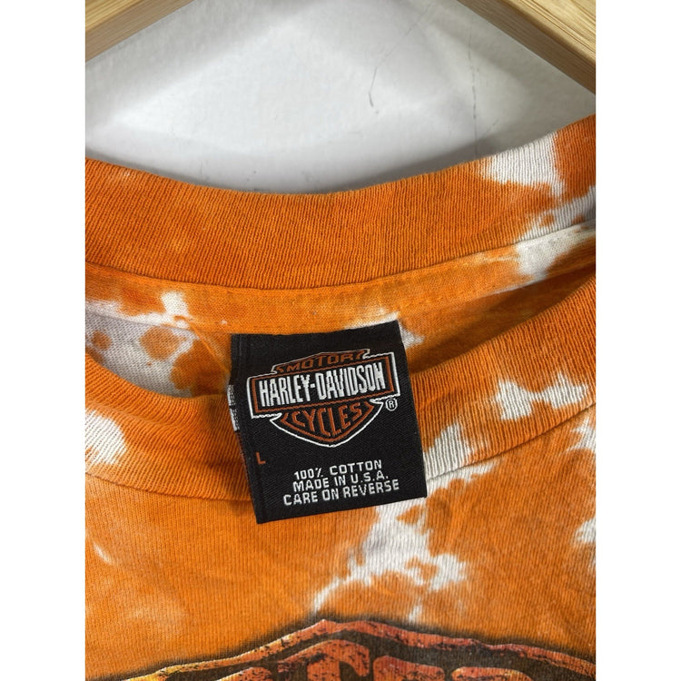 Men’s Harley Davidson Motor Cycles Orange Fire Smoke Flame Tie Dye Shirt Sz L